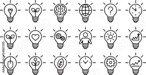 Vector icon set of light bulbs representing ideas such as innovation, finance, brain, earth, recycling, question mark, clock, leaves, electricity, gears, heart, teamwork	