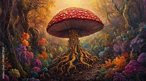 Giant mushroom in a vibrant forest