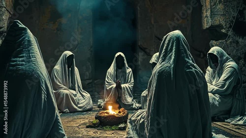 A secret society gathers for a ritual ceremony in a darkened chamber, participants in hooded cloaks surrounding a flickering fire at night in an ancient, mysterious location