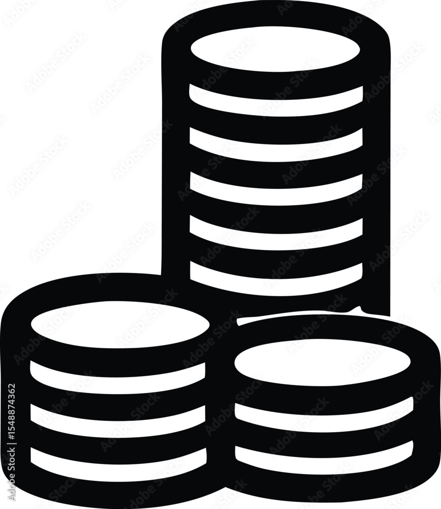 Obraz premium Black and White Coin Stack Illustration for Finance and Investment Concepts with Three Stacks of Varying Heights and Simple Design Aesthetic This simple