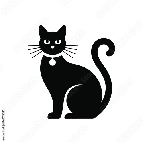 Black Cat Silhouette Sitting Wearing Collar Simple Icon Design Black and White Minimalist Pet Graphic