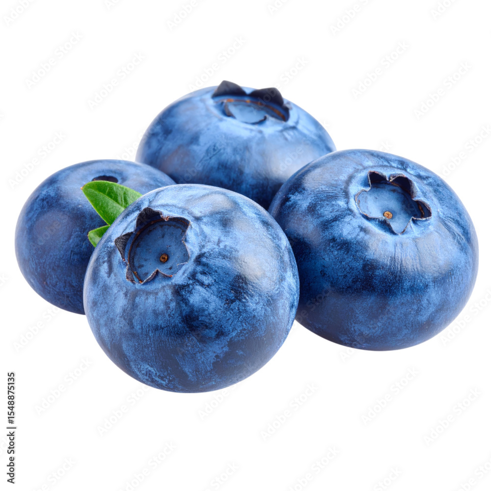 Obraz premium Four ripe blueberries with a small green leaf, showcasing their deep blue color and smooth skin.