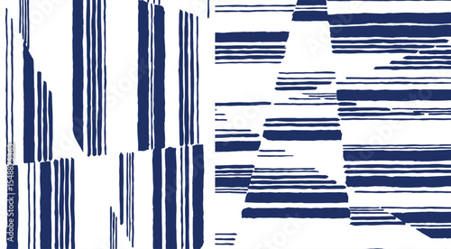 Hand drawn brush lines abstract high contrast uneven stripes pattern in white and blue, geometric hand paint collage, minimal monochromatic background for textile, carpet, decoration