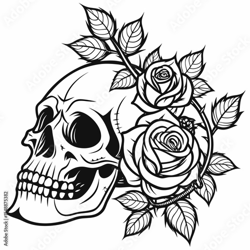 Wallpaper Mural Detailed skull with two roses and leaves design Torontodigital.ca