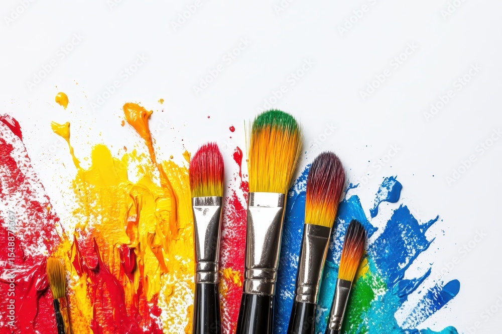 Fototapeta premium Colorful Paint Brushes and Splashes on White Background