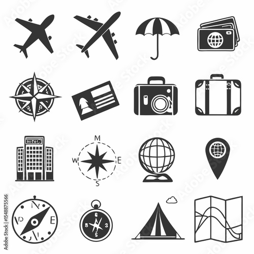 Travel icons set airplane compass map hotel and more