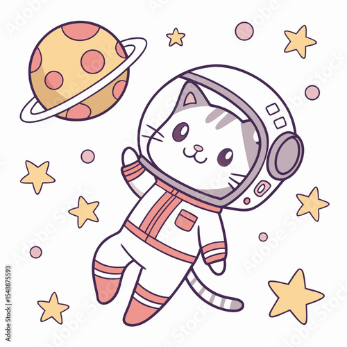 Cute cat astronaut floating in space near planet