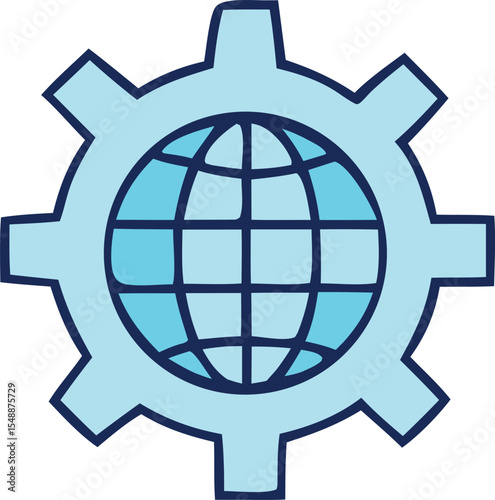 Light Blue Gear with a Globe Inside Representing Global Technology and Innovation Isolated on a White Background Indicating Worldwide Mechanical Processes light blue