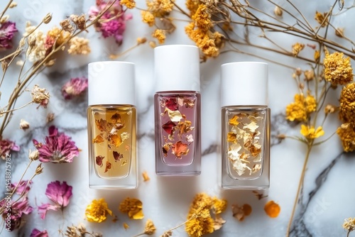 Three Nail Polish Bottles with Dried Flowers on Marble.
