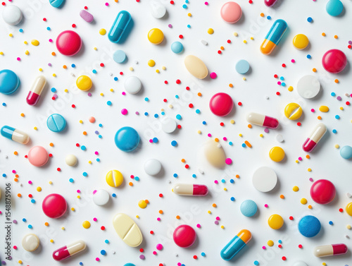 Colorful arrangement of various pills and capsules on a white surface
