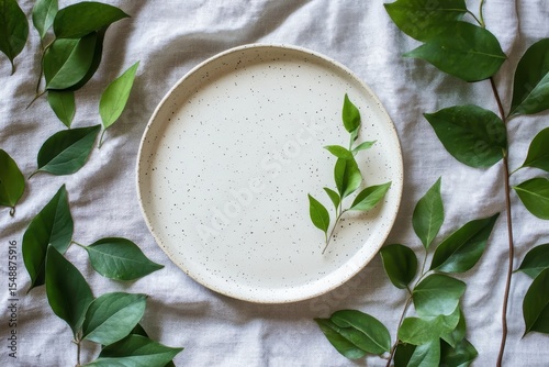 White Speckled Pottery Plate on Linen with Green Leaves.