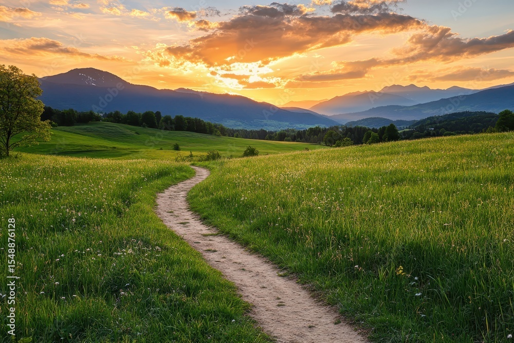 Fototapeta premium Winding Dirt Path Through a Green Field Towards Distant Mountains at Sunset.