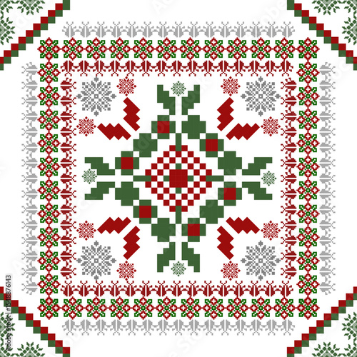 christmas square cross-stitch pattern in festive red and green tones, featuring symmetrical floral and geometric motifs framed by decorative borders, evoking a traditional holiday or 