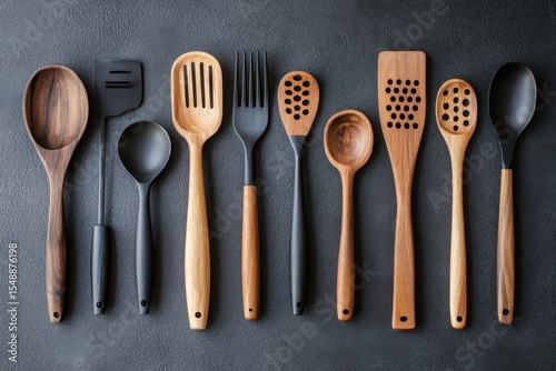 Wooden and Black Kitchen Utensils Flatlay.