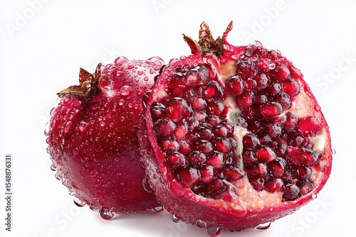 Two pomegranate halves, glistening with water droplets, lie against a white background.  The juicy, ruby-red seeds are clearly visible within the halved fruit, showcasing the interior texture