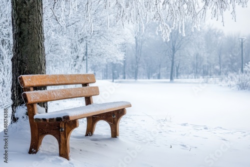 Wooden Bench in Snowy Landscape.