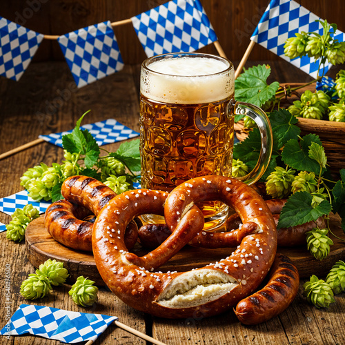 Oktoberfest Feast Beer Pretzels and Sausage