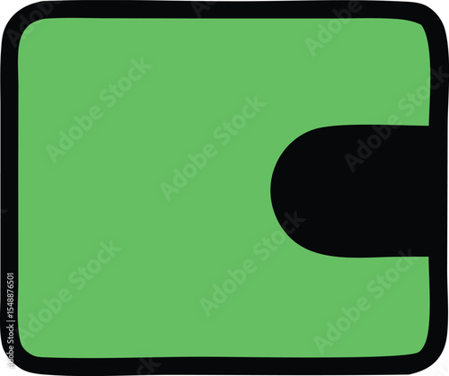 Stylized Green Wallet Icon with Black Trim and Rounded Corners Featuring a Black Flap Closure on the Right Side Simple and Modern Design