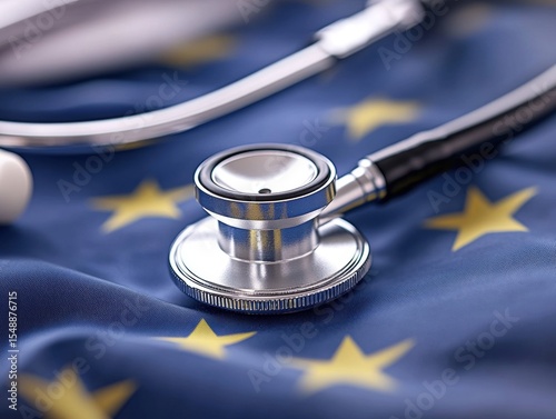 Stethoscope resting on European flag symbolizing health in Europe