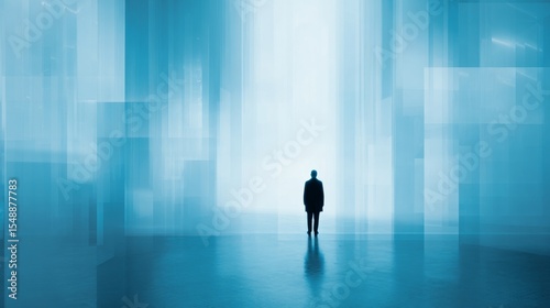 Solitary silhouette in vast minimalist space facing bright white light, surrounded by cool blue tones, reflective floor, modern translucent panels, creating depth and stillness.
