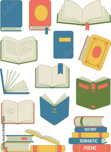 Books stacks for reading, pile of textbooks for education. Literature, dictionaries and encyclopedias, planners with bookmarks. Color vector illustration isolated education and literature concept.