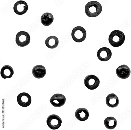 A collection of black olives arranged in a random pattern.