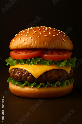 A classic beef cheeseburger with sesame seed bun, fresh lettuce, tomato, and onion, served with golden fries on a dark background