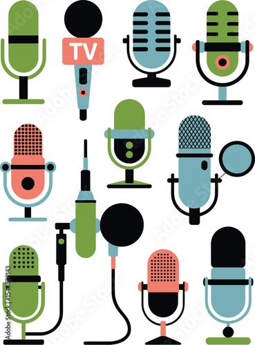 Microphones collection. Music recording radio broadcast equipment, cartoon mic technology for karaoke, studio sound, concert, podcast interview. Vector set 