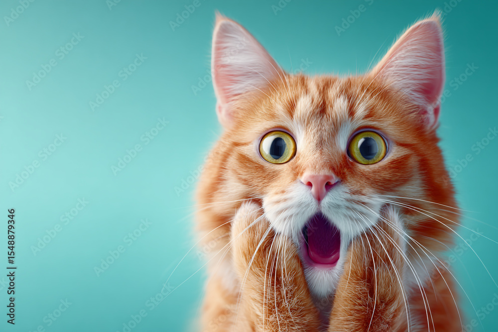 Funny shocked ginger cat with big green eyes. Surprised domestic pet portrait on a blue background. Funny shocked ginger cat with big green eyes. Surprised domestic pet portrait on a blue background.