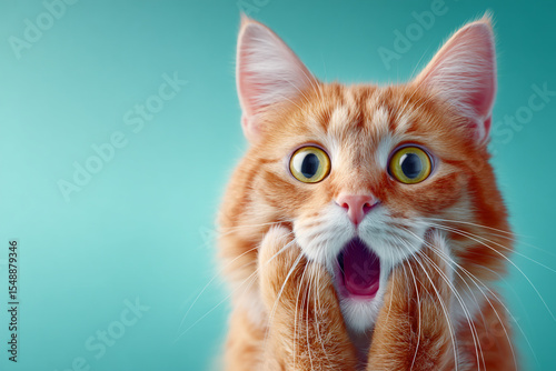 Fototapeta Naklejka Na Ścianę i Meble -  Funny shocked ginger cat with big green eyes. Surprised domestic pet portrait on a blue background.