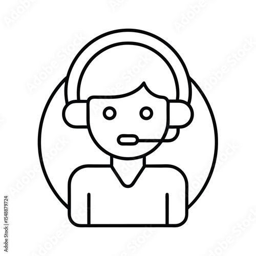 Customer support representative wearing headset communicating through line art icon vector illustration
