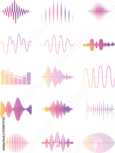 Sound waves. Audio music rhythm wave pulse, voice signal level bar, song waveform graphic icons. Vector volume noise beat waveforms isolated set

