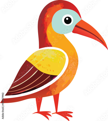 Stylized Bird Illustration with Warm Tones and Geometric Shapes Featuring a Long Beak and a Light Blue Patch Around the Eye Isolated on White