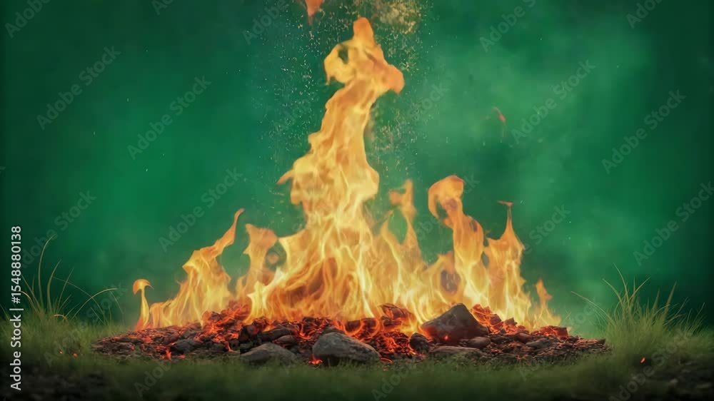 fire in the fireplace, burning fire vfx on green screen background