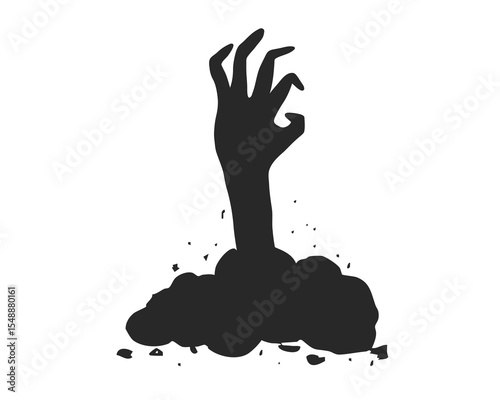 Spooky zombie hand silhouette rising from the ground on Halloween night. Vector horror element for scary design. Creepy Halloween hand silhouette reaching up from the graveyard soil