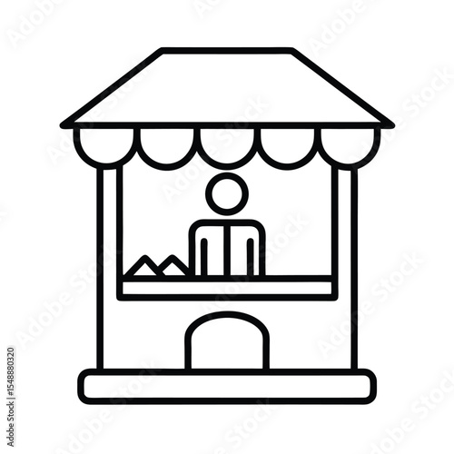 Minimalist black and white line art illustration of a simple carnival stall with an attendant inside