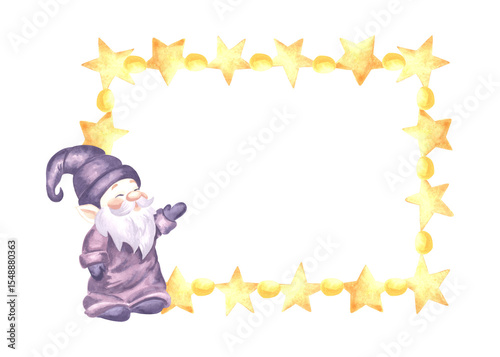 Frame with cute gnome and gold stars watercolor illustration. Hand drawn isolated horizontal border with magic elf for baby design. Template postcard with copy space in cozy style for childrens theme.