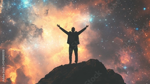 Silhouette of a person on a mountaintop, gazing at a starry night sky