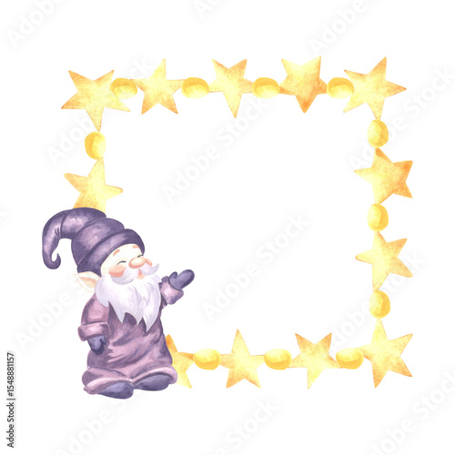 Frame with cute little gnome and gold stars watercolor illustration. Hand drawn isolated square border with magic elf for baby design. Template postcard with copy space in cozy style childrens theme.