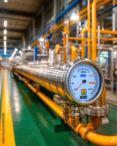 Industrial Pressure Gauge on Metal Pipeline in Factory