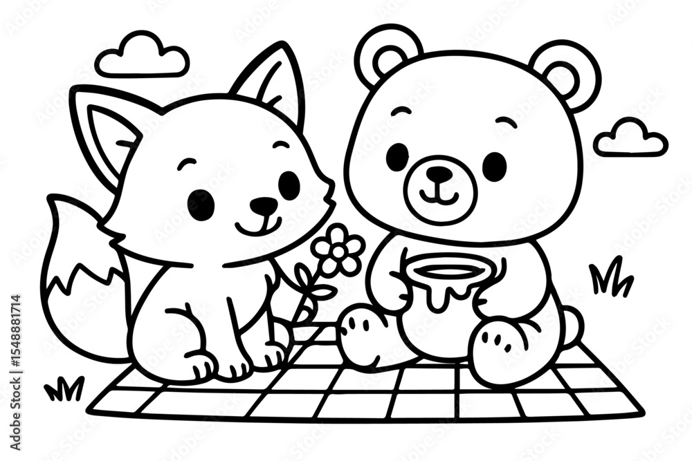 Fototapeta premium Fox and Bear Friendship Picnic Vector Coloring Page for Kids
