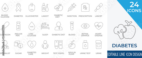 Essential line icons for diabetes awareness, insulin management, and glucose tracking. Perfect for medical apps, educational content, and diabetic care visuals.