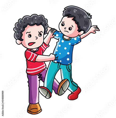 Cute cartoon hand drawn vector kids are fighting clipart..	

