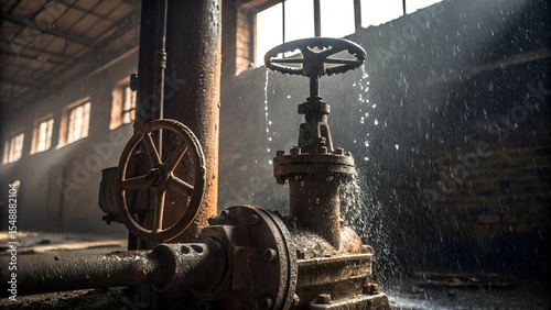 Leaking Industrial Valve in Rusty Mechanical Room with Sunlight and Water Spray