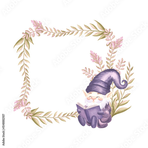 Reading gnome and flower sprigs watercolor illustration. Hand drawn isolated spring square frame. Floral border background with elf for baby design. Template postcard with copy space childrens theme.
