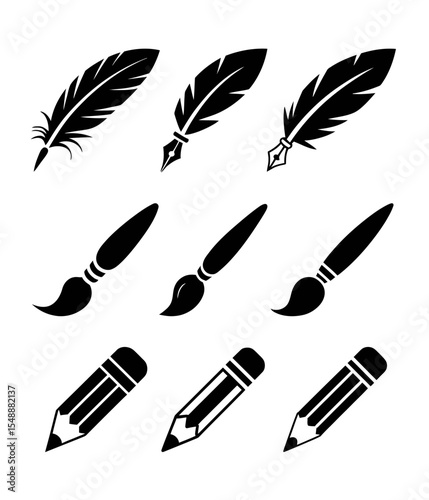 Ink Pen, Paint Brush, and Pencil Icon Set. Black Silhouettes
