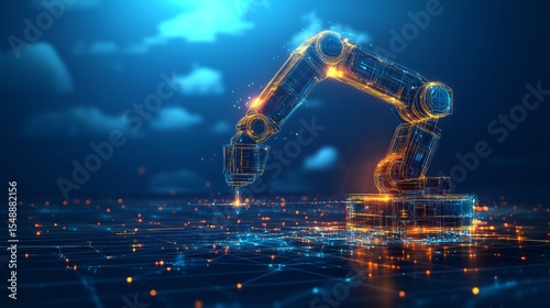 Industry 4.0 concept showcasing an automation system with cloud computing, simple geometric shapes, and low poly wireframe design on a dark blue background.