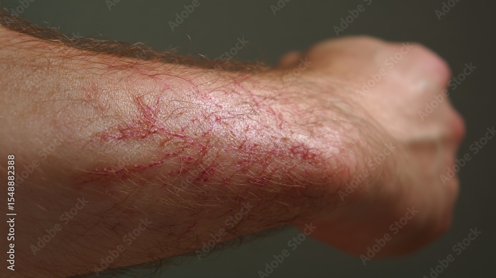 Fototapeta premium Close-up of healing scar on caucasian male adult arm with redness and texture