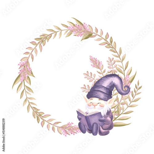 Frame with reading gnome and flower sprigs watercolor illustration. Hand drawn isolated spring wreath. Floral background with elf for baby design. Template postcard with copy space childrens theme.