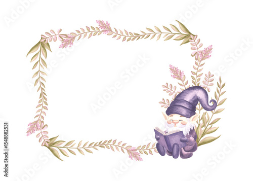 Reading cute gnome and flower sprigs watercolor illustration. Hand drawn isolated horizontal frame. Floral border background with elf for baby design. Template postcard with copy space childrens theme
